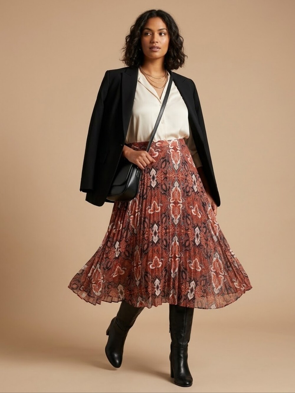 Contemporaine Simons Paisley Pleated Midi Skirt Size L Rust Boho